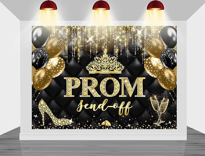 Mocsicka Prom Send Off 2026 Backdrop Crown Graduation Prom Night Party Decorations Banner Gold Balck Dancing Send Off Photography Background Photo Booth Supplies (Gold, 10x7ft(120''x82''))