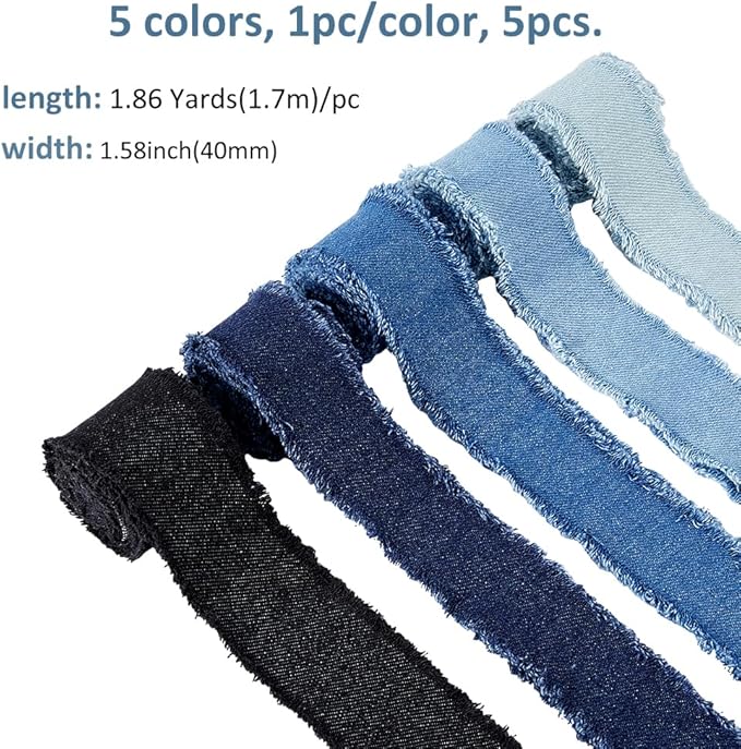 SUPERFINDINGS 5 Rolls 9.3 Yards Denim Blue Ribbon Fringes 4cm Wide Fabric Ribbon Wrapping Frayed Cotton Jean Fabric for Gifts Wrapping Hair Sewing Weddding Decor