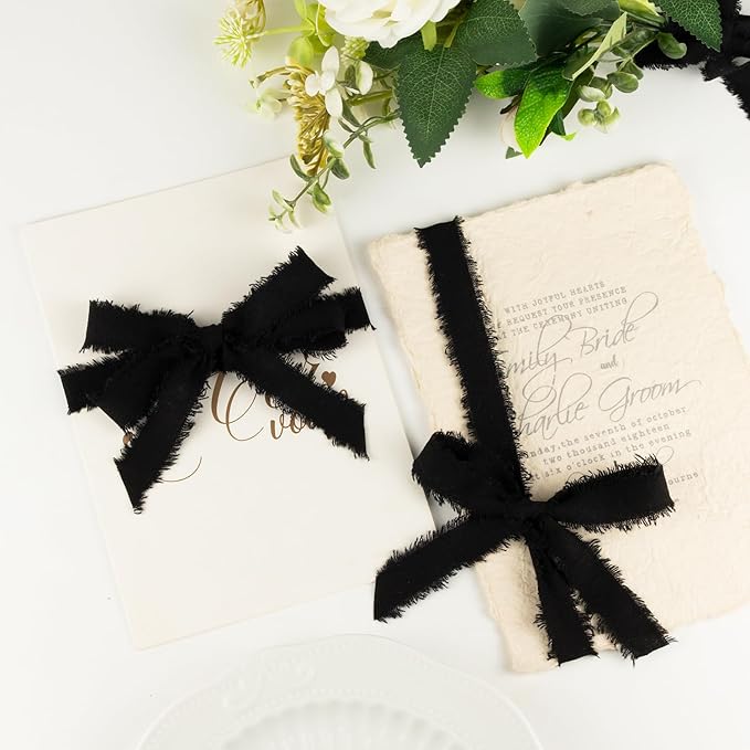 Black Cotton Ribbon 5/8 Inch Black 3 Rolls 21 Yards Frayed Edge Fabric Set for Wedding Decor, Graduation Party, Gift Wrapping, Gothic Party & Halloween Decor