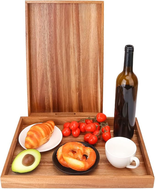 2 PCS Acacia Wood Serving Tray with Handles - 17 x 11.5 Inch Elegant Rectangle Wooden Tray for Food, Decorative Snack Tray, Breakfast and Kitchen Tray, Ideal Wooden Serving Platter for Homes