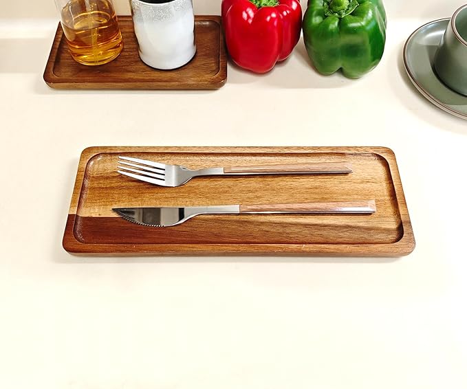 Small Wooden Tray (11.3 x 4.1 inch) 3 Pack, Rectangular Mini Serving Tray for Coffee Tables, Dessert, Snack, Fruit, Acacia Wood Platter for Vegetable, Decor Restaurant
