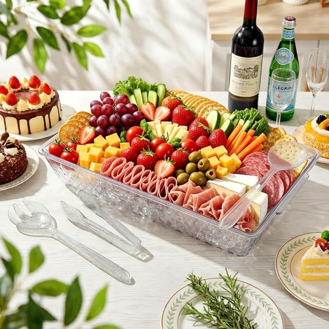 Baderke 16" x 9" Chilled Serving Tray for Parties with Compartments Ice Chilled Party Crudite Platter Charcuterie Serving Board Cold Dish Dip with Tableware for Seafood Vegetable(Silver Glitter)