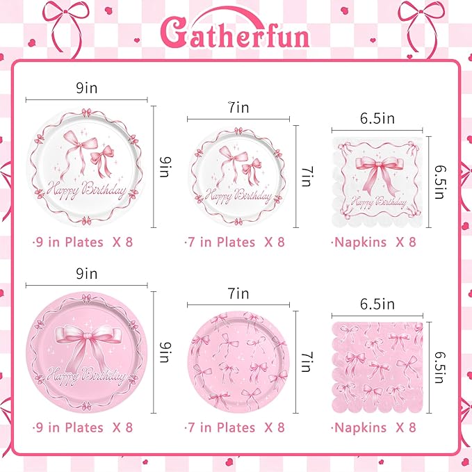 Pink Bow Happy Birthday Decorations Set for 16: Bachelorette Party Supplies Kit with Dinner & Dessert Plates and Napkins - for Women's Tea Birthday Party Decorations