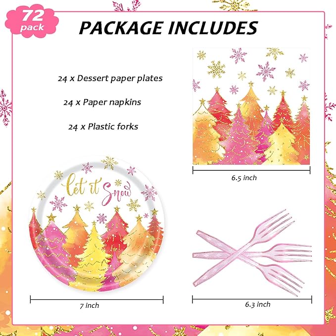 72Pcs Pink Christmas Paper Plates and Napkins Let It Snow Party Plates Gold Pink Xmas Tree Snowflake Party Supplies Tableware Set for Christmas Winter Holiday New Year Decorations