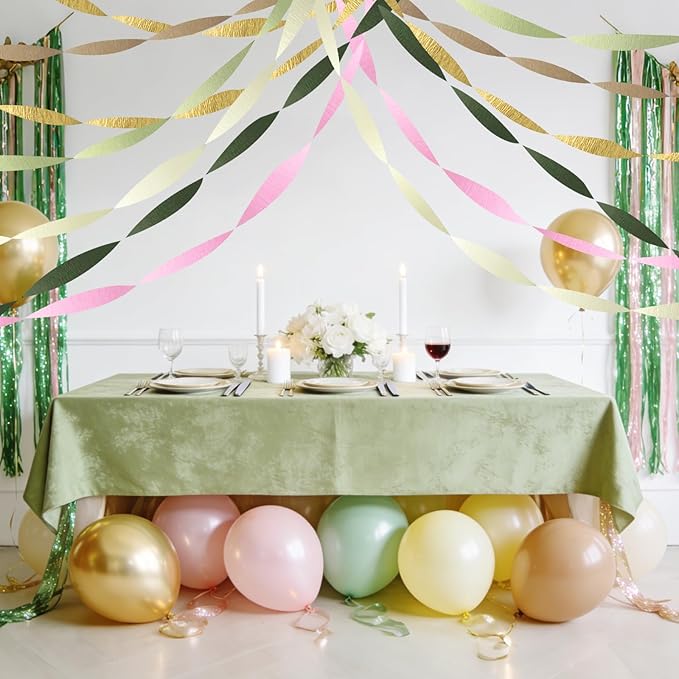 AOYOO Crepe Paper Streamers, 6 Rolls Sage Green Emerald Gold and Pink Party Streamers, Boho Party Decorations for Baby Shower, Woodland Birthday, Wedding and Safari Jungle Theme Supplies