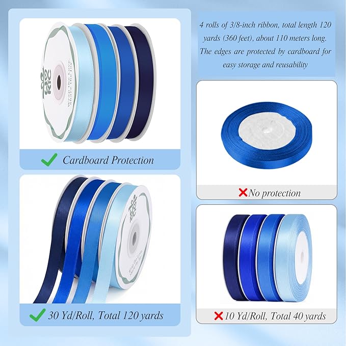 woric 120 Yards Blue Ribbon 3/8 Inch x 4 Rolls, 30 Yd/Roll, Light/Baby/Navy/Royal Blue Satin Ribbon for Graduation Leis Baby Bridal Shower Gift Wrapping