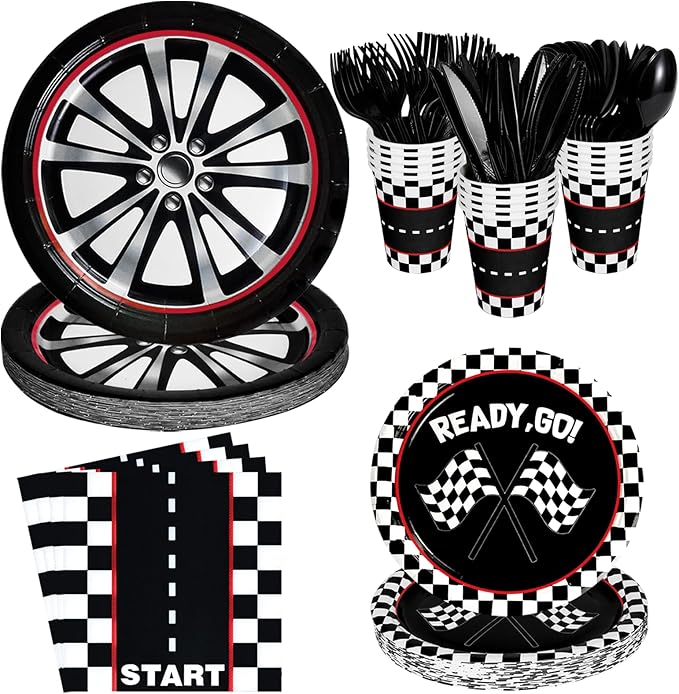 175 Pcs Race Car Birthday Party Decorations Racing Checkered Set Includes Plates, Napkins, Cups, Cutlery for Race Car Theme Birthday Decorations Serves 25