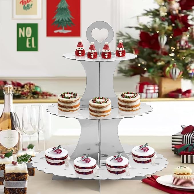 Soleebee 3-Tier Cupcake Stand, Cardboard Cupcake Tower, Dessert Cup Cake Stand Tower for Birthday Wedding Party Decoration, Cupcake Tier Stand 2 Set (Silver Moon and Star)