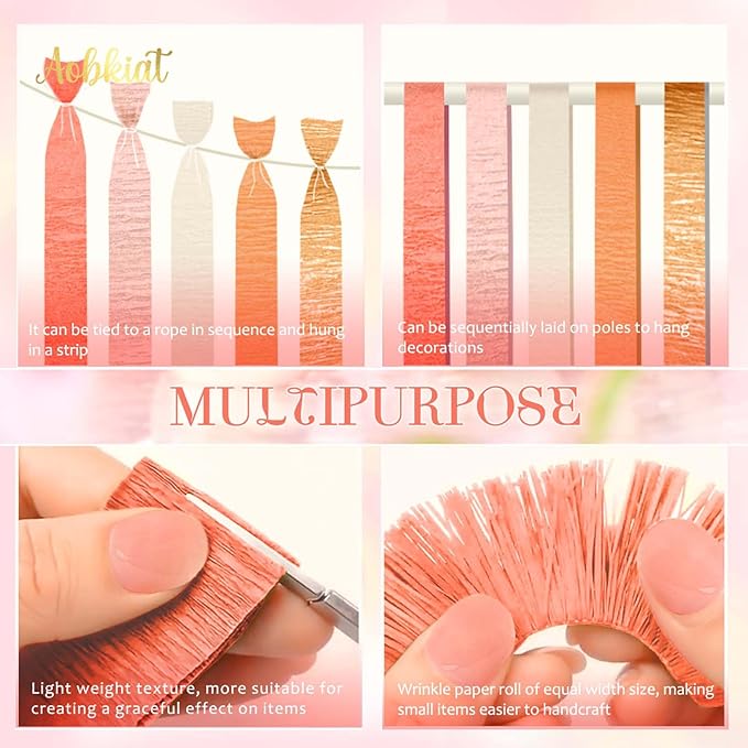 AOBKIAT Streamers Party Decorations,5 Rolls Pastel Pink Gold Orange Crepe Paper Streamers for Little Cutie Baby Shower,Brithday,Wedding,Peach Theme Party,DIY Tassel,1.8 Inch x 82 Ft/Roll