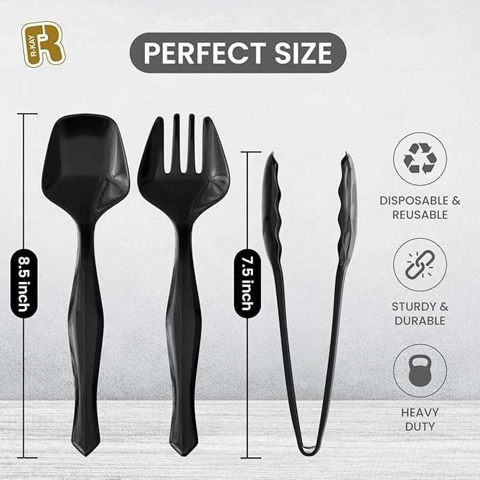 18 Pcs Black Plastic Serving Utensils Set - 6 Black Plastic Serving Spoons, 6 Black Tongs And 6 Forks - Heavy Duty Black Disposable Serving Utensils Set For Parties