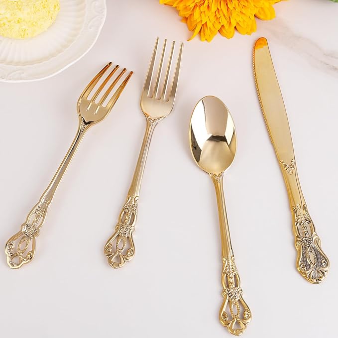 300Pieces Gold Plastic Silverware - Heavy Duty Gold Disposable Utensils - Vintage Plastic Cutlery Set Includes 100 Forks, 100 Spoons, 100 Knives for Dinner Parties Weddings (Pack of 2)