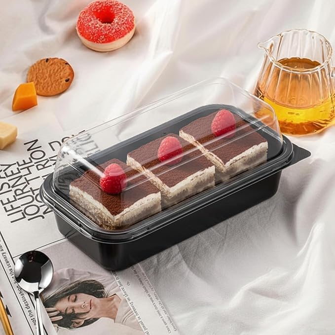 Shellwei 50 Pack 7.5 x 3.4 Inch Catering Trays with Lid, Plastic Serving Tray Bakery Dessert Cookies Candy Containers with Clear Lid, Perfect for Wedding, Party & Small Business
