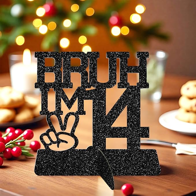 Bruh I'm 14 Black Glitter Center Pieces Decoration - Funny 14th Birthday Party Decorations for Boys, 14th Birthday Centerpiece, Teen Boy Decor, Party Supplies (Bruh I,m 14)