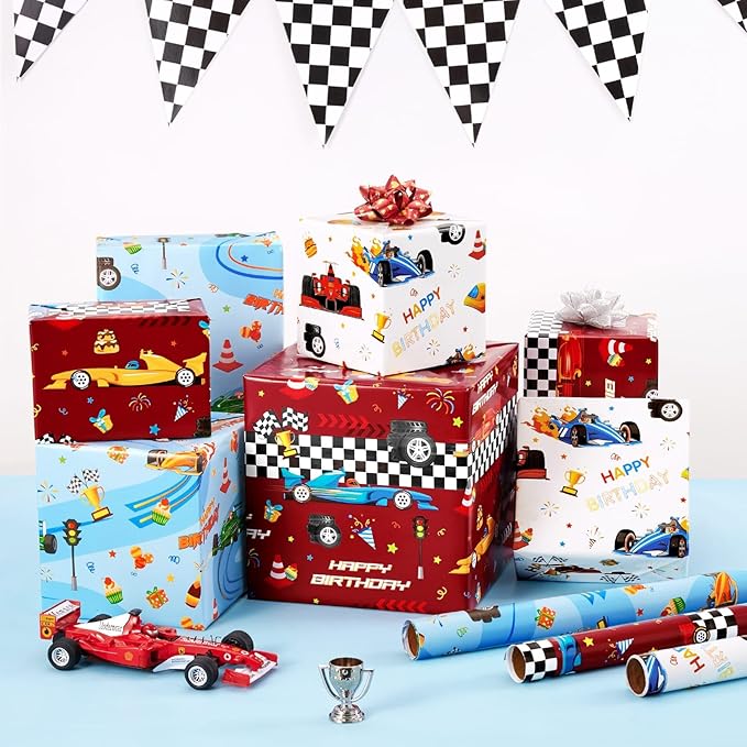 WERNNSAI Race Car Wrapping Paper Rolls - 3 Short Rolls 17 in x 120 in Racing Car for Kids Boy Birthday Truck Car Theme Party Gift Packing Supply Red Blue White Wrapping Paper with Cut Lines