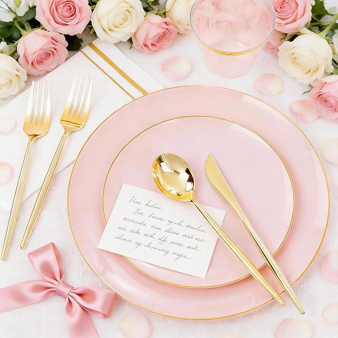 MirthMood 350PCS Pink Plastic Plates with Gold Rim ??Plastic Plates Set Includes 50 Dinner,50 Dessert Plate,50 Cup&50 Napkins 150 Gold Silverware for Wedding&Birthday Parties&Valentine's Day