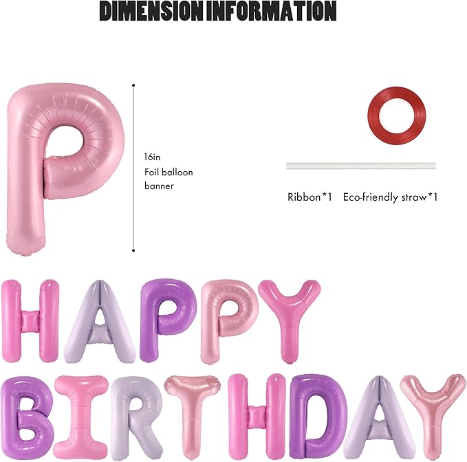 CANREVEL Happy Birthday Banner 13pcs 16 Inch Mylar Foil Letters Balloons Birthday Party Decorations for Kids and Adults - 3D Pink Purple