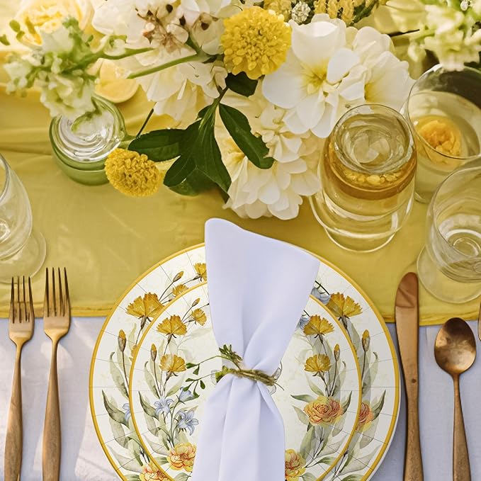 Whaline Bee Paper Plates and Napkins Set Summer Bee Flower Disposable Dinnerware for Wedding Birthday Baby Shower Holiday Tableware Party Supplies Table Decor, Serve 24