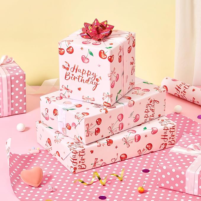 WERNNSAl Cherry Bow Wrapping Paper Roll- 1 Roll 17” x 33 ft Cherry Bow Tie Ribbon Gift Wrapping Paper for Girls Women Birthday Pink Birthday Wrap Paper with Polka Dot Design for Party Supplies