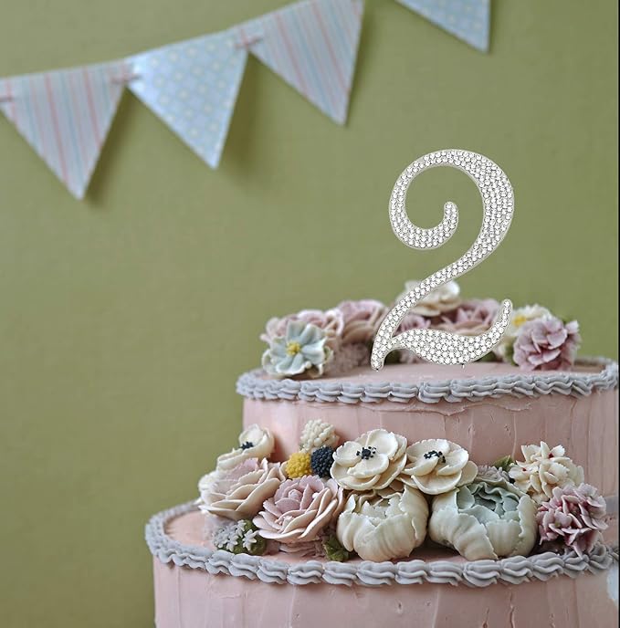 Sparkly Rhinestones Number 2 Cake Topper, Birthday Wedding Anniversary Silver Number 2