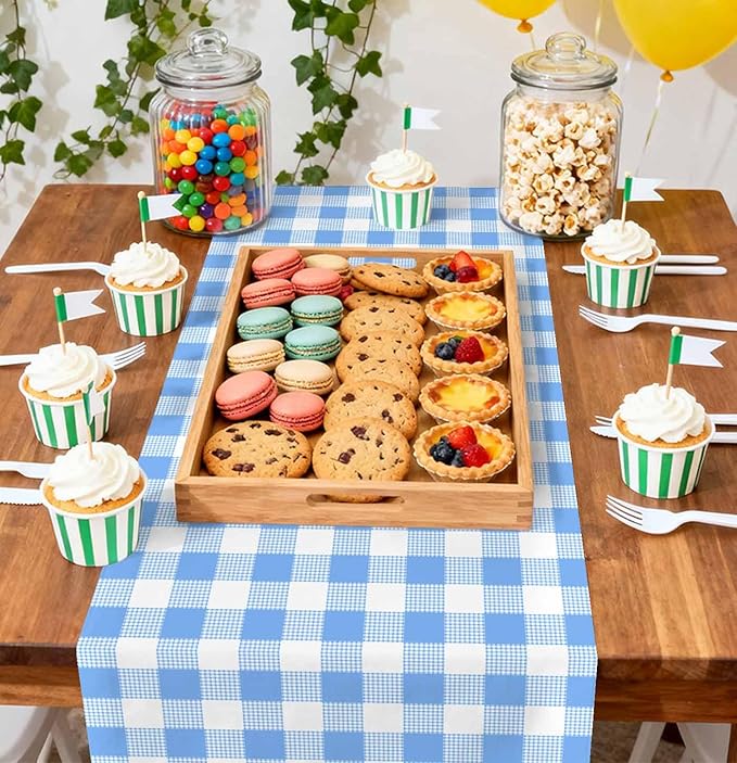 12 Pcs Light Blue and White Checkered Table Runner Plastic 14 x 108 Disposable Baby Blue Gingham Table Runner for Birthday Wedding Baby Shower Party Table Centerpiece Decorations