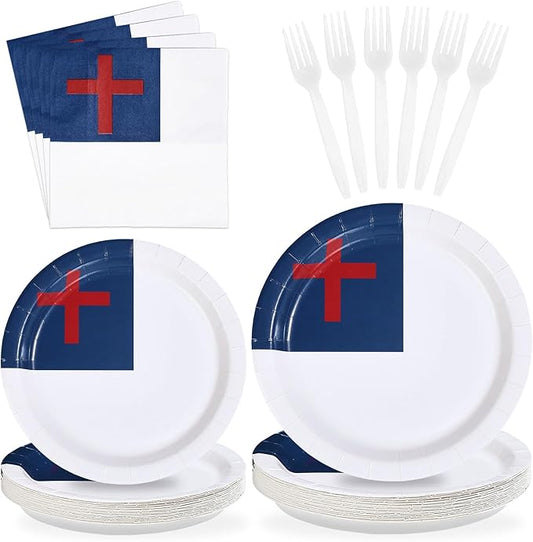 96Pcs Christian Decorations Jesus Flag Plates and Napkins Christian Cross Decoration Favors for Religious Christians Holy Week Christian Sunday School Baptism Easter Party Supplies Serves 24