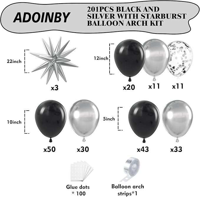 Black and Silver Balloon Arch Kit, 201Pcs Explosion Star Black Metallic Silver with Confetti Balloon Garland kit, Different Size Balloons for Anniversary Birthday Disco Party Decorations