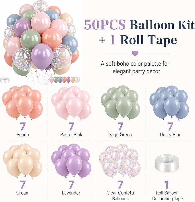 Pastel Balloons,50PCS 12 Inch Retro 6 Color Blue Purple Green Pink Orange Beige Boho Latex Party Balloon for Colorful Ballon Birthday Graduation Anniversary Shower Easter Wedding Decorations