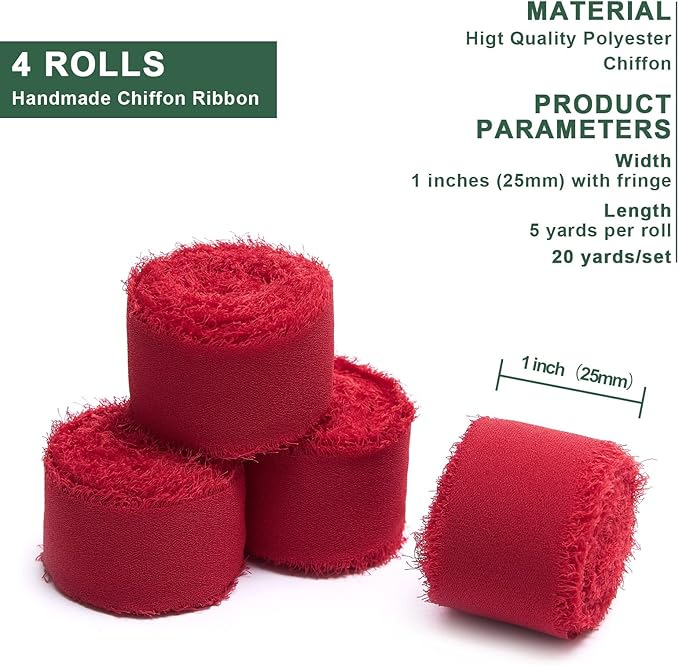 4 Rolls Red Handmade Fringe Chiffon Silk Ribbon 1" W x 5Yd Per Roll,Frayed Edges Ribbon Set for Gifts Wrapping,Wedding Invitations,Bouquets,DIY Crafts (1" x20Yd, Red)
