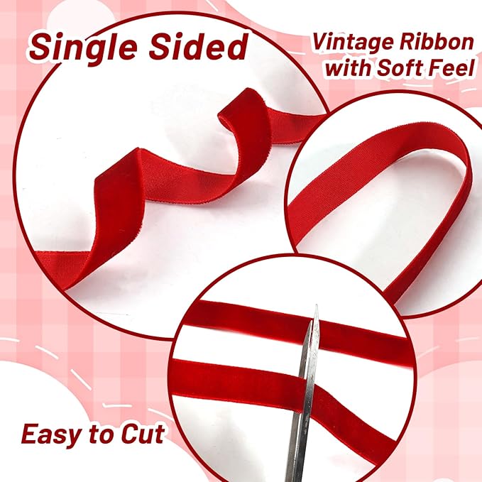 Red Velvet Ribbon Set, 3 Rolls Vintage Thin Velvet Ribbon for Gift Wrapping,Thick Christmas Ribbons for Christmas Tree Ornaments, Holiday Decor, Garland, Wreaths, 3/8, 5/8, 1 inch Wide, 30 Yards Total