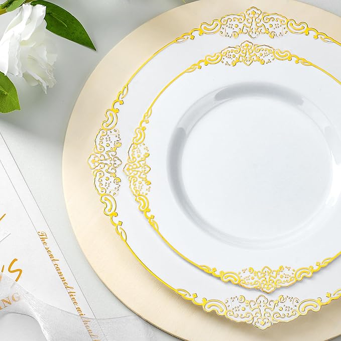 Bestluck 175PCS Gold Plastic Plates for 25 Guests, Disposable Dinnerware Sets Include 50 Gold Rim Plastic Plates, 25 Silverwares, 25 Cups, and 25 Pre Rolled Napkins for Party, Wedding and Graduation