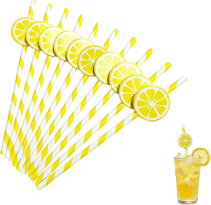 60 Pcs Lemon Paper Straws, Yellow Striped Drinking Straws for Lemonade Stand Party Supplies Disposable Lemon Straw for Cocktails, Juice, Shakes, Summer Fruit Theme Birthday Decorations