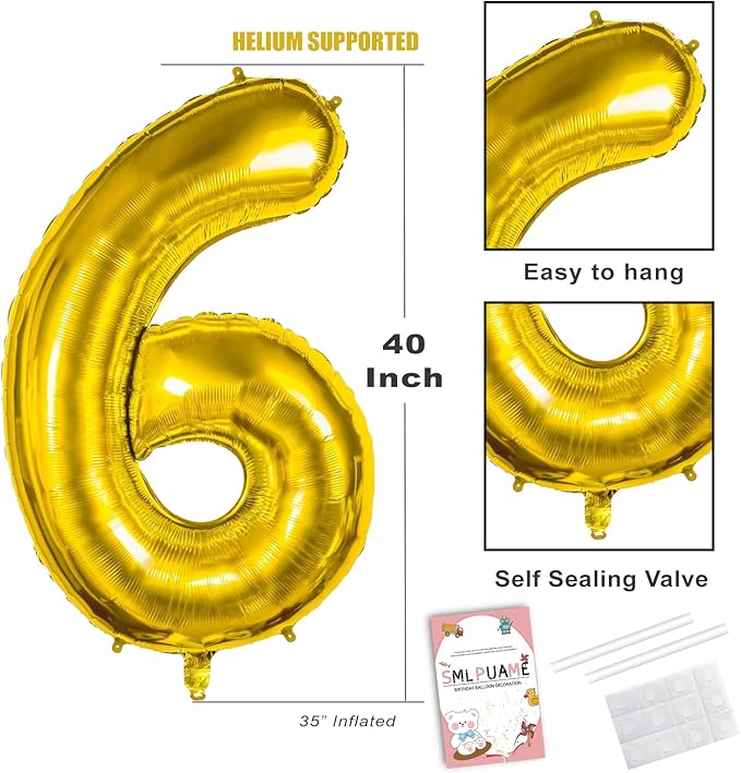 40 inch Number Balloon 0-9 Gold Large Number 6 Balloons,Digital Balloons for Birthday Party Celebration Decorations Supplies, Helium Foil Number Balloons for Wedding Anniversary