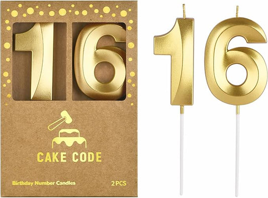 2.76 Inch Diamond Gold 16 Number Birthday Candles, Gold Number Candles, Cake Number Candles, Party Celebration