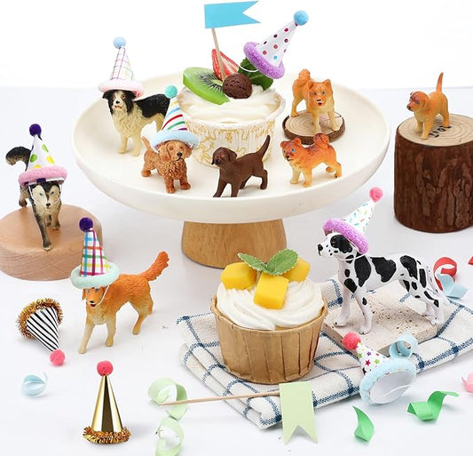 Colingmill 18 Pcs Dog Birthday Party Decorations Mini Birthday Hat Animal Figure Model Cake Toppers with Mini Hat for Birthday Party, Animals Themed Party