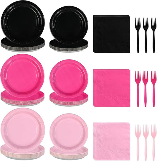 96Pcs Hot Pink and Black Birthday Decorations Pink and Black Party Plates and Napkins Disposable Pink Paper Plates for Baby Shower Girls Women Birthday Bridal Shower Spring Summer Party Supplies