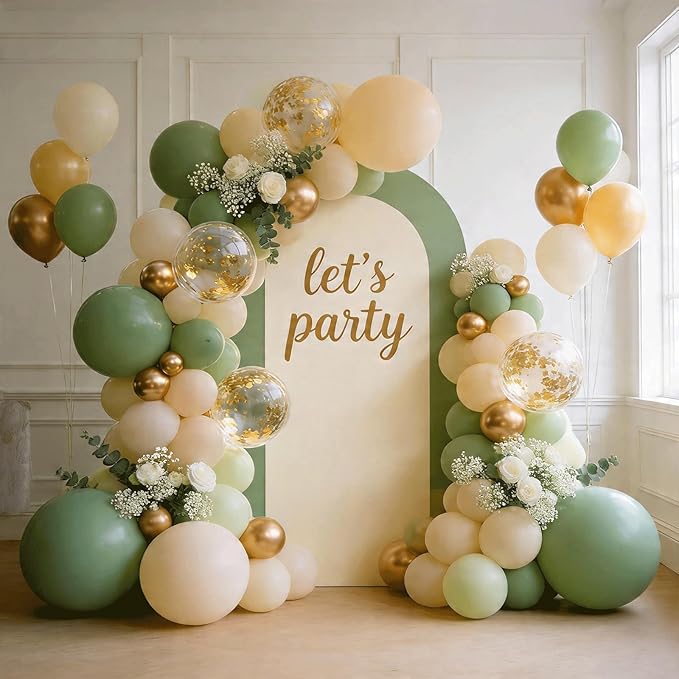 Sage Green Balloons Arch Kit， Olive Green Sand White Metallic Gold Confetti Balloons for Birthday Bridal Shower Engagement Baby Shower Party Decorations