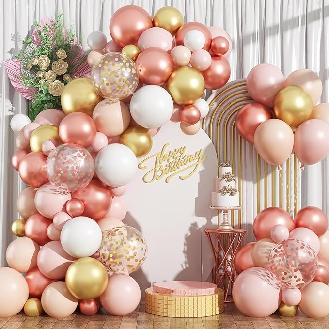 HILAVO Rose Gold Balloon Arch Kit Nude Light Pink Gold Confetti Party Balloon Garland Metallic Pink White Pastel Orange Balloons for Women Princess Baby Shower Bridal Wedding Brithday Party Decor