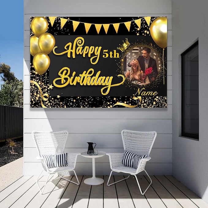 Custom Black and Gold Happy Birthday Party Decorations Supplies Personalized Black and Gold Birthday Backdrop Banner(4x6ft)