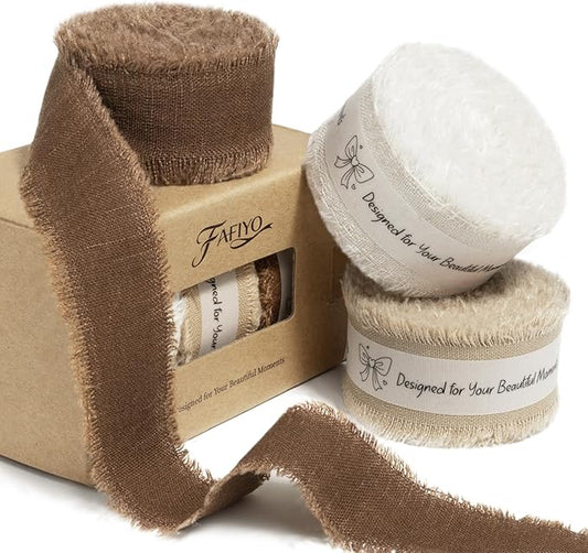 Brown Cotton Ribbon 1 Inch Chocolate Brown, Camel & Ivory 3 Rolls 21 Yards Frayed Edge Fabric Set for Rustic Wedding Decor, Boho Vintage Fall Decor, Thanksgiving, Gift Wrapping & DIY Crafts