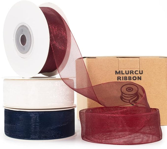 Red, White, Navy Blue Organza Ribbon - 1 Inch x 75 Yds Sheer Chiffon Tulle for Gift Wrapping, Christmas, Weddings, Crafts