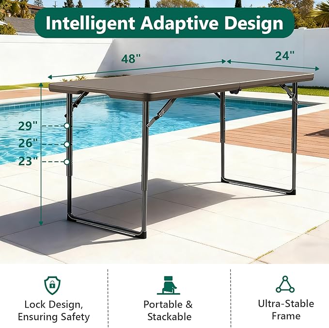 Folding Table 4FT Heavy Duty Plastic Table with Handle, Foldable&Portable, Fold-in-Half Utility Tables for Outdoor, Dining, Wedding, Events, Indoor, Picnic, Camping, Party, Khaki
