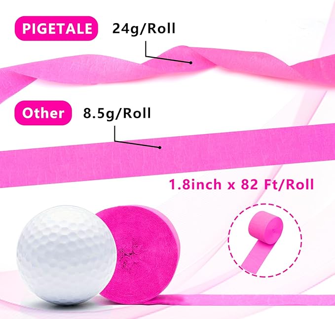 PIGETALE Crepe Paper Streamers 4 Rolls 328ft, Pack of Hot Pink Party Streamers for Wedding Birthday Bachelorette Baby Shower Decorations Party Supplies DIY Art Crafts Hanging Decor (1.8In x 82Ft/Roll)