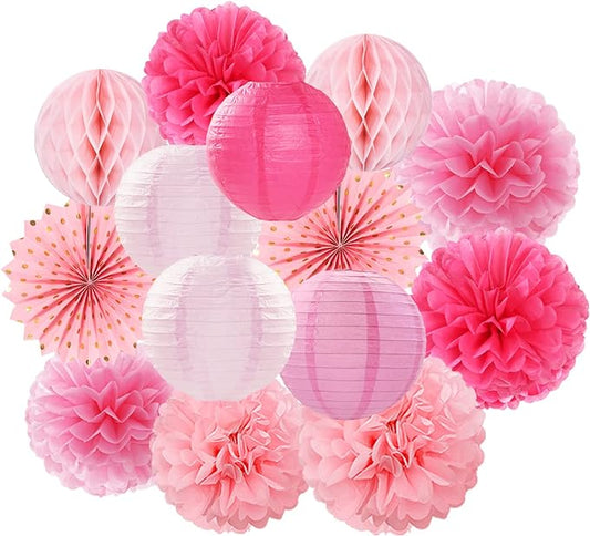 Rose Hot-Pink Valentines-Day Party-Decorations Streamers - 14pc Girl Birthday Baby Shower Paper Lanterns Fan,Tissue Pom Poms,Honeycomb Balls,Bachelorette Bridal Wedding Supplies Decor Lasting Surprise