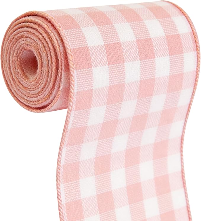 Meseey 4 Inch Pink White Buffalo Plaid Burlap Wired Ribbon 10 Yards Farmhouse Tartan Check Wired Edge Ribbon for Decor Crafts