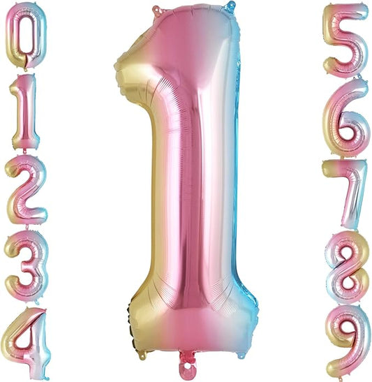 Rainbow Gradient Number 1 Balloon, 40 Inch Big Large Foil Number Balloons, Jumbo Giant Mylar Number 1 Balloons for 1 first Birthday Party Decorations Supplies Anniversary Celebration
