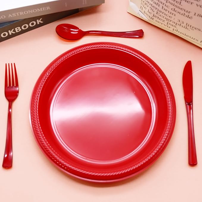 150 Pack Red Plastic Silverware, Red Utensils Heavy Duty, Disposable Plastic Cutlery Include 50 Forks, 50 Spoons, 50 Knives for Birthday, Party, Christmas, New Year