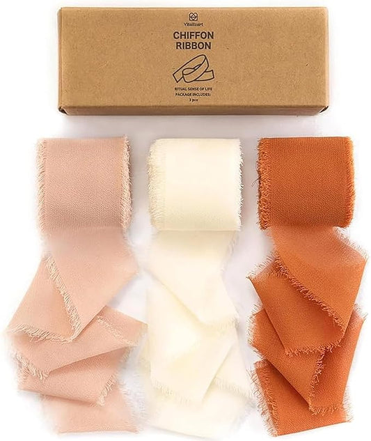 Vitalizart Fall Handmade Chiffon Silk Ribbon Fringe 1.5" x 21 Yd Terracotta Cream Frayed Edges Ribbons for Wedding Invitations Bridal Bouquets Gifts Wrapping Crafts Holiday Party Decorations