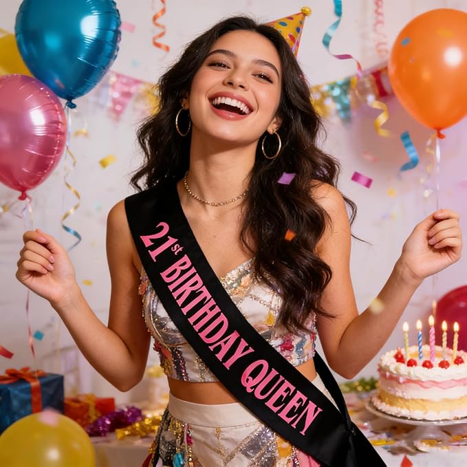 21st Birthday Queen Sash, Pink Foil Black Satin Birthday Sash for Women 21st Fabulous Birthday Party Gift Decorations Favors