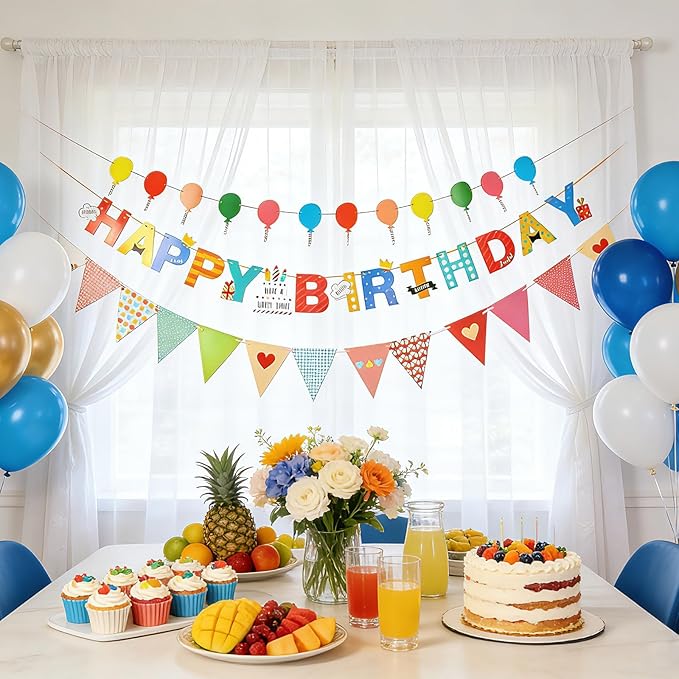 Colorful Happy Birthday Banner, Birthday Decorations Hanging Birthday Sign with Balloon Letter Triangle Bunting Flags, Rainbow Hanging Garland for Women Kids Baby Shower Party Supplies