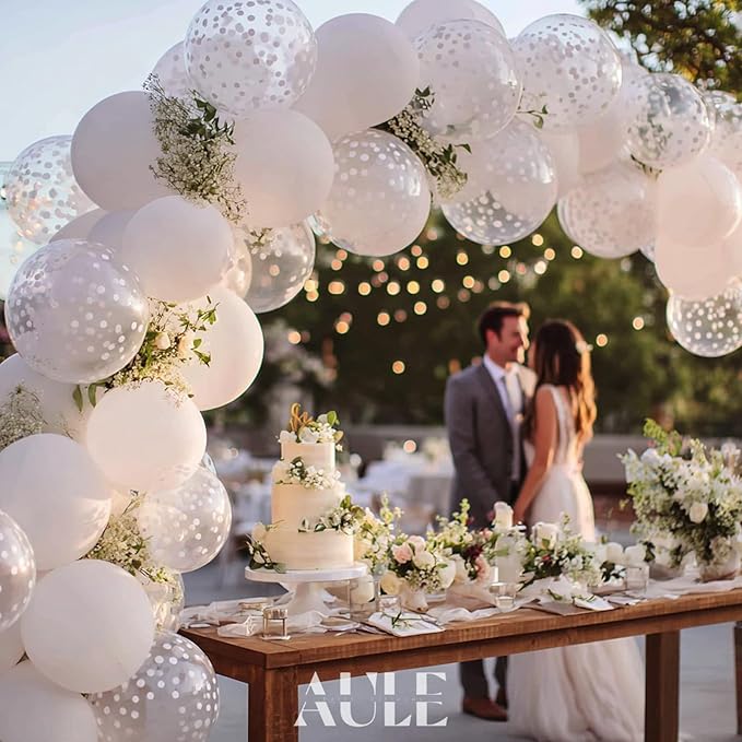 AULE Party Balloons Pack of 42-12in White Confetti Balloons & White Latex Balloons and 64ft Ribbons - 12 Inches Balloons Decorations Set